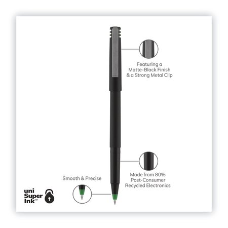 Uni-Ball Stick Roller Ball Pen, Fine 0.7mm, Green Ink, Black Matte Barrel, PK12 60104